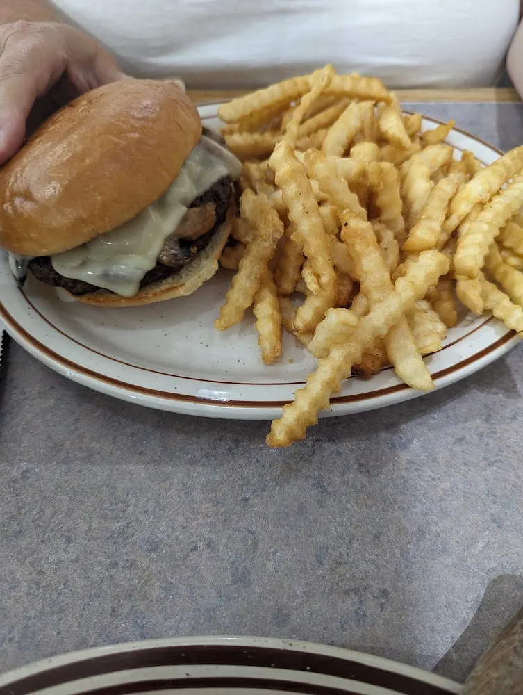 Mushroom Swiss Burger and Fries